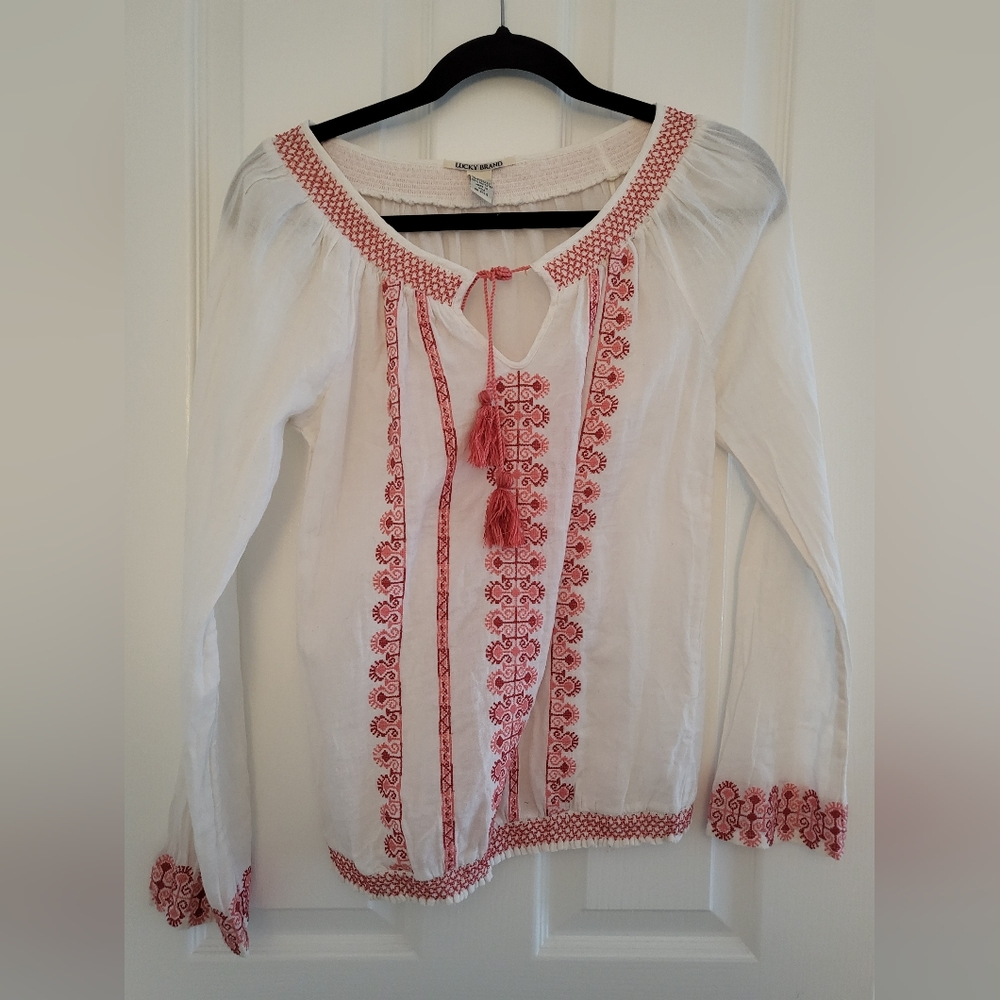 Lucky Brand White blouse with pink trim and tassels